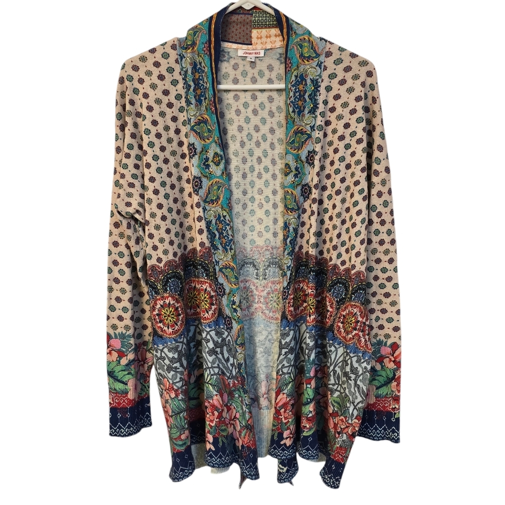 Johnny Was‎ Women's Floral Silk Blend Open One Button Caridgan Sweater Sz S